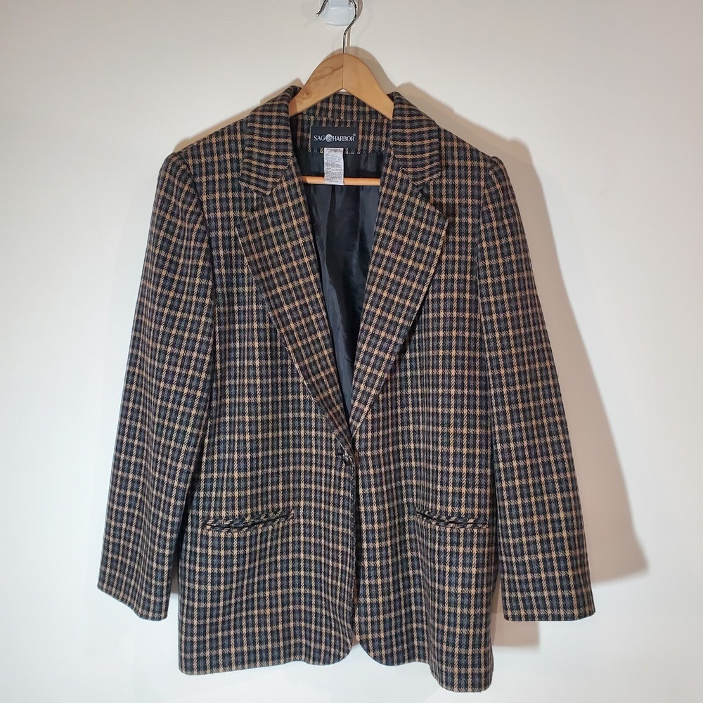 VTG Sag Harbor Plaid Blazer Jacket Womens 12 Dark Academia Houndstooth Brown 90s